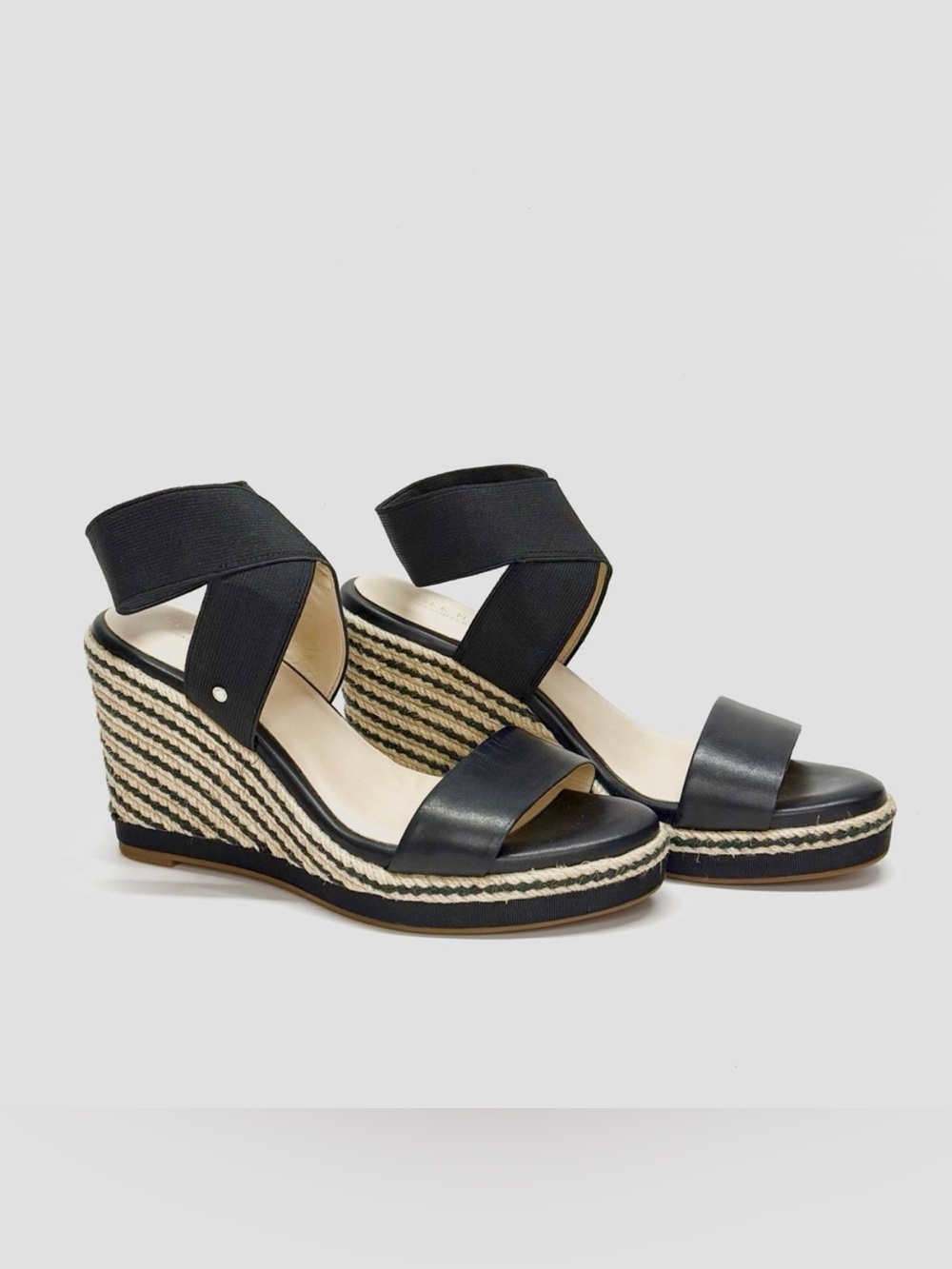 Cole Haan Black Espadrille Wedge Sandals with Elastic Ankle Wrap